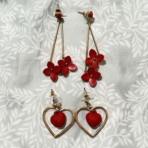Lovisa Red Flower and Heart Dangle Earrings Set